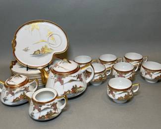 Vintage Hand Painted Japanese Kutani Porcelain 18 Piece Partial Tea Service With Snack Plates
