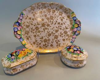 Tuscan Porcelain Display Plate And Covered Storage Boxes, England
