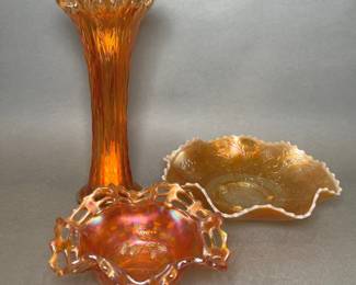 Collection Of Fenton Marigold Carnival Glass, Including: Basket Weave Bowl, Dragon And Lotus Bowl, And Vase
