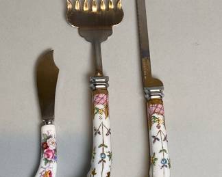 Vintage Stainless Steel/Porcelain Handle Serving Set With Royal Crown Derby Cheese Knife
