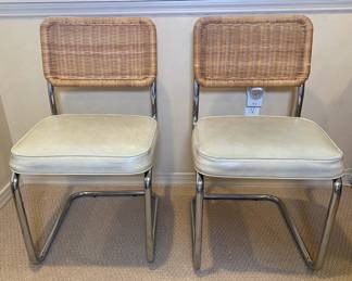 Pair Of Wythe Upholstery Co., Inc. Cantilever Chairs With Rattan Backs And Faux Leather Cushions
