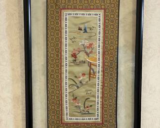 Chinese Embroidered Silk Panel Floated In Glass And Framed
