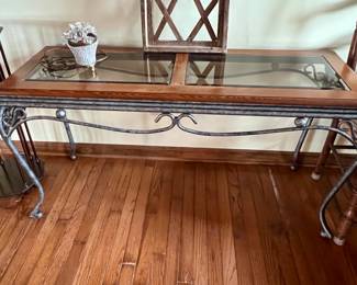 Metal entry way table with glass inserts