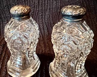 Crystal salt & pepper shakers with silverplate lids