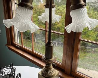 Brass triple lamp with glass ruffled shades
