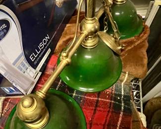 Brass hanging game table lamp with green glass shades