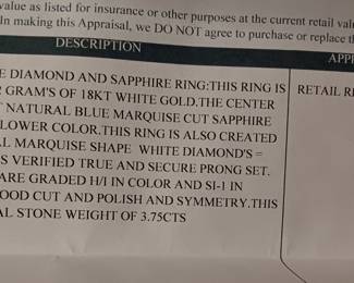 Ladies vintage diamond and sapphire ring. 7.2 grams of 18kt white gold with 3/4 carot natural blue marquise cut sapphire. 22 natural marquise shape white diamonds 3 cts. Appraised in June of 2024 at $5875 at Fountain City Jewelers.