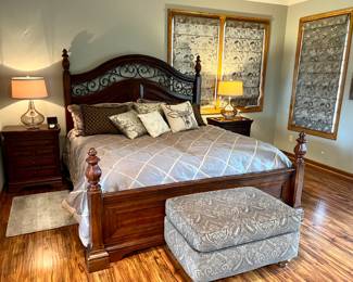 King size adjustable bed with wood and metal head and foot boards