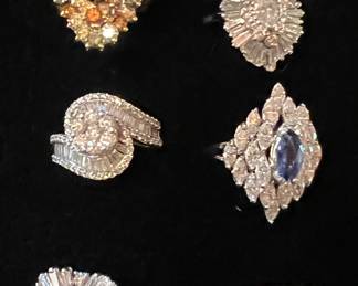 Diamond and gemstone rings, mostly gold and sterling