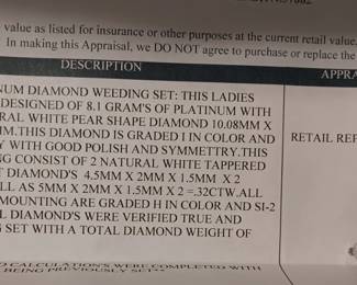 Ladies platinum 2.58 carot diamond wedding set. 8.1 grams platinum. Appraised at $14,875.00 in June 2024 by Fountain City Jewelers.