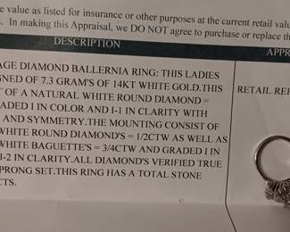 Ladies vintage diamond ballerina ring. 7.3 grams of 14 kt white gold with natural white round 3/4 CT diamond surrounded by 16 natural white round diamonds. Appraised at $3875.00 in June of 2024 by Fountain City Jewelers.