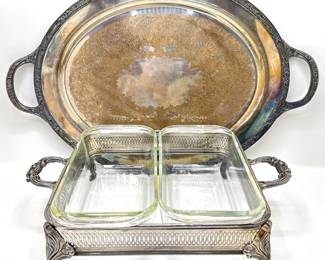Silver Plate Serving Dish With Pyrex Inserts & Large Roger & Bros Silver Plate Platter
Lot #: 128