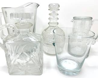 5 Vintage Glass & Cut Crystal Pitchers & Decanters Including Seagrams Bottle, Some Hand Blown
Lot #: 134