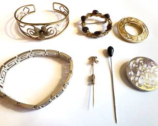 2 Vintage Bracelets, 2 Scarf Pins, Hat Pin & Brooch With Stones
Lot #: 160