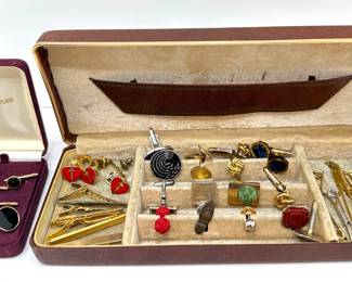 Vintage Cufflink Box With Cufflinks, Tie Clips, Lapel Pins & Nordstrom New In Box Cufflink Set
Lot #: 39