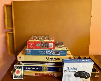 Jigsaw Puzzle Board With Drawers, Vintage Games & New In Box Turbo PC Gamepad
Lot #: 207
