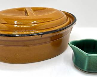 Handmade Vintage Stoneware Covered Casserole & Mount Clemens Pottery Petal Ware Teal Creamer
Lot #: 125