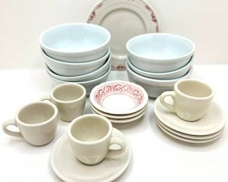 Set 4 Teacups With Saucers, 7 Porcelama Schmidt Bowls, 3 Small Shenango Bowls & Syracuse China Dessert Plate
Lot #: 99