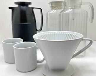 Mr Coffee Thermos, Cilio Coffee Filter Cone, 2 Vintage Glass Pitchers & 2 Williams Sonoma Mugs
Lot #: 189