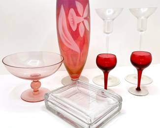 Etched Art Glass Vase, Wine Glasses, Pedestal Depression Glass Bowl & Engraved Covered Box
Lot #: 113