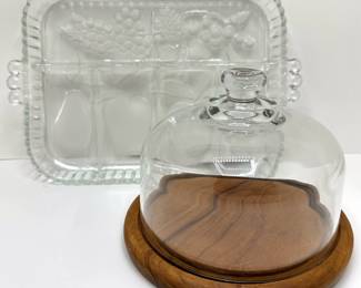 Vintage Indiana Glass Platter With Fruit Motif & Vintage Goodwood Genuine Teakwood Cloche Cheese Platter
Lot #: 185