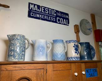 Salt glaze pitchers + sponge ware pitcher + Majestic the clean clinkerless coal advertising porcelain sign