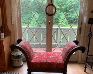 Detailed photos of the Baker Furniture Window seat. All 4 corners feature lion heads.