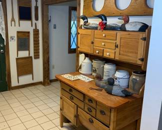 Antique Cabinet Hutch (Possum Belly Cabinet) Duck decoys, loon decoys, outhouse 3-seater bench, washboards, stoneware.