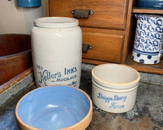 Keller's Inks mucilage crock + Driggs Dairy Farm stoneware bowl (advertising crocks)