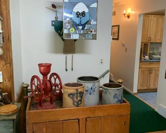 Humpty Dumpty stained glass, Stoneware crocks, Antique Dry Sink Cabinet