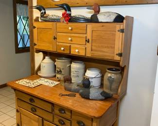 Antique Posum Belly Cabinet Hutch. Duck decoys, loon decoys, stoneware (3-seater outhouse bench has SOLD)