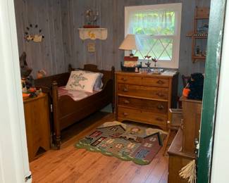 Children's wood bed frame and mattress, multiple dressers.