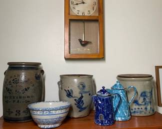 Stoneware crocks, enamelware coffee pots, and sponge ware bowl pottery