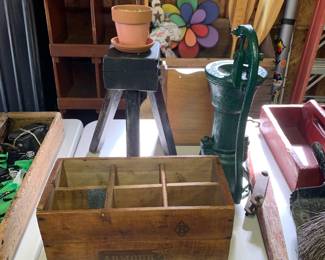 Vintage Cast Iron Water Hand Pump - Gould Seneca Falls NY #2 + Armour Canned Beef Wood Crate