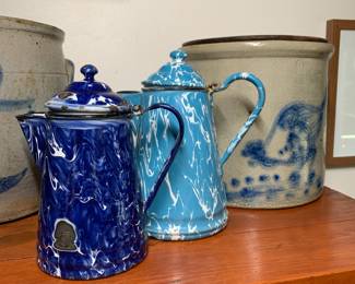 Enamelware - blue and white swirl agate coffee pots