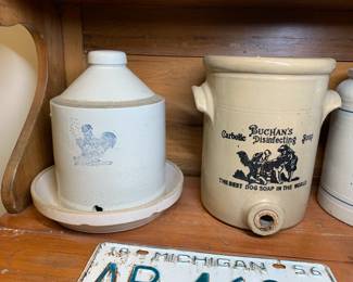Primitive Chicken Feeder Stoneware Crock With Tray