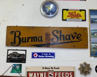 Burma Shave Double Sided Wood Sign, Old Dutch Cleanser Wooden Display, & Stroh's Beer License Plate