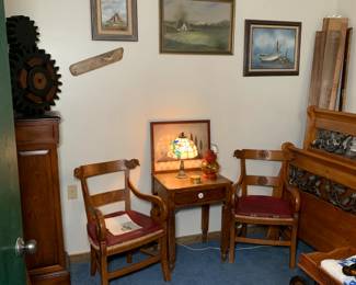 Baker furniture (Rooster chairs and pedestal cabinet on left)
