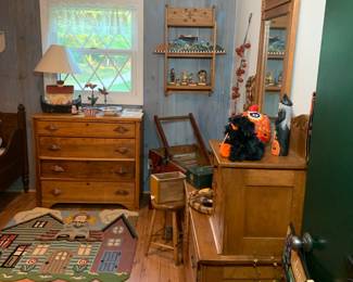 Children's wood bed frame and mattress, multiple dressers.