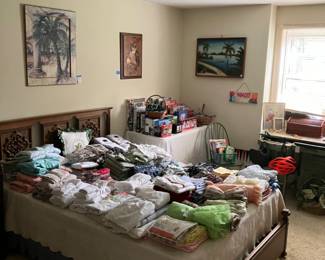 Linens, galore, vintage linens, bedding window, treatments. Mid Century modern bedroom furniture.