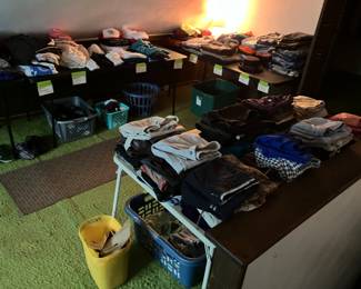 The Frog room  located over the 2 car garage is being set up with tons of clothing. Folded in size order, male and female medium to extra large. This will be a stuff a bag sale. We will provide the grocery store T-shirt bags. All you gotta do is stuff with as much as you can get in there, tie it off for one price. the clothing has been checked for tear stains, rips, etc. Just too much clothing to price individually. The majority of the clothing is casual but in good condition. 