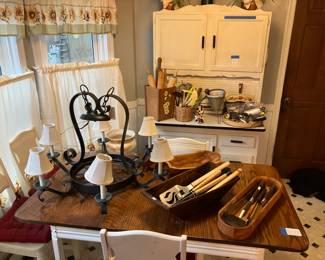 Vintage kitchen. Utensils, farmhouse table n chairs n Hoosier cabinet 