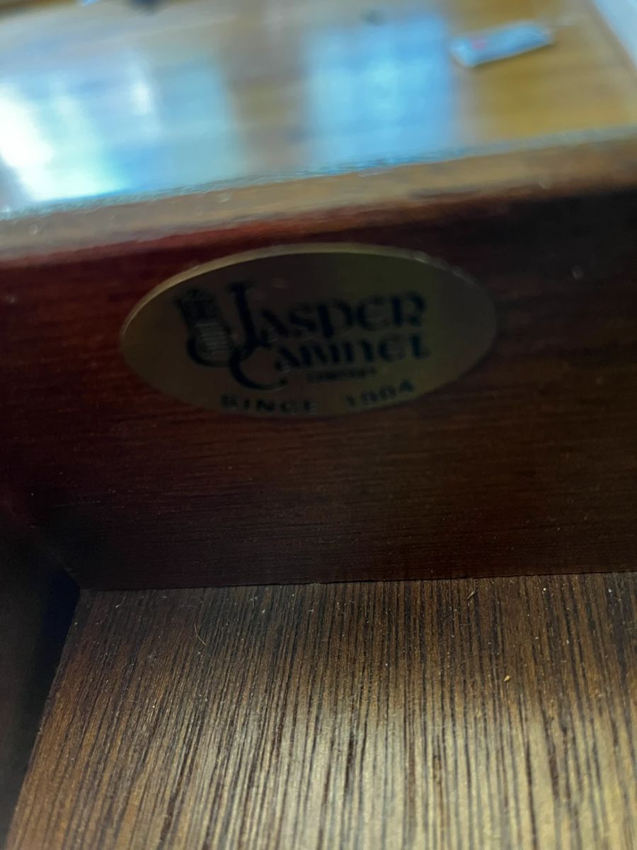 #52	Jasper Cabinet Secretary w/bubble Glass Hutch w/2 glass shelves w/4 drawers & Drop-down Desk w/cubbies and slots - lighted w/ball & Claw Feet - 1 pc  (you Move)  38x18-31x80	 $275.00 
