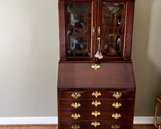 #52	Jasper Cabinet Secretary w/bubble Glass Hutch w/2 glass shelves w/4 drawers & Drop-down Desk w/cubbies and slots - lighted w/ball & Claw Feet - 1 pc  (you Move)  38x18-31x80	 $275.00 
