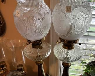 #151	Set of 2 Brass/Glass Lamps Electric - sold as a pair - English Made Duplex	 $150.00 
