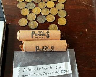 #29	2 rolls wheat pennies plus 6 steel pennies 1 Indian penny 28 loose wheat penny	 $20.00 
