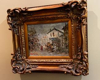 #63	Winter Scene Oil Painting of People in Downtown - signed - 18x15 Heavy Gilded Gold Frame	 $75.00 
