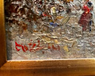 #63	Winter Scene Oil Painting of People in Downtown - signed - 18x15 Heavy Gilded Gold Frame	 $75.00 
