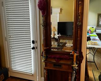 #186	Wood Hall Tree w/mail Slot & Umbrella Stand - w/4 hooks - 33x15x7' (has beveled Mirror)	 $275.00 
