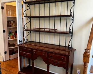 #177	Broyhill Bakers Rack (top screws on from inside the drawer) w/iron back & 3 wood shelves w/3 drawers on Bottom w/shelf - 54x17x35-7'	 $175.00 
